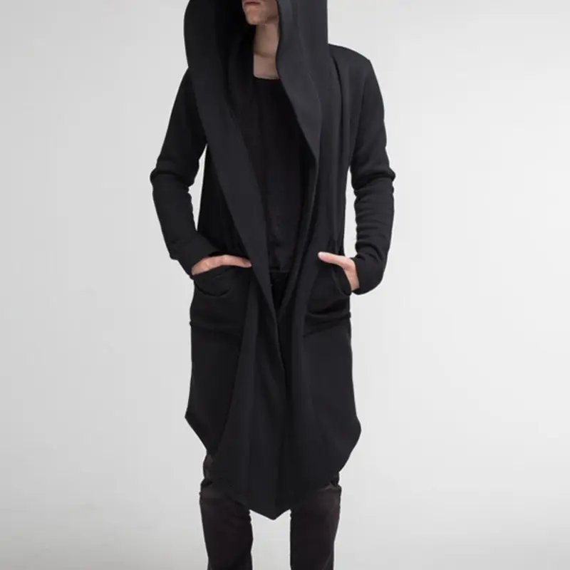 Men's Solid Pocket Hooded Cape Coat, Regular Fit Casual Long Sleeve Open Front Outerwear for Fall & Winter,   Hoodie Jacket, Men's Clothes for Daily Wear