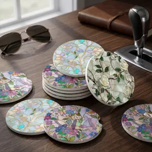 Stained Glass Floral Car Coaster, Cute Car Accessories for Women, Absorbent Ceramic Car Cup Holder Coaster New Car Gift