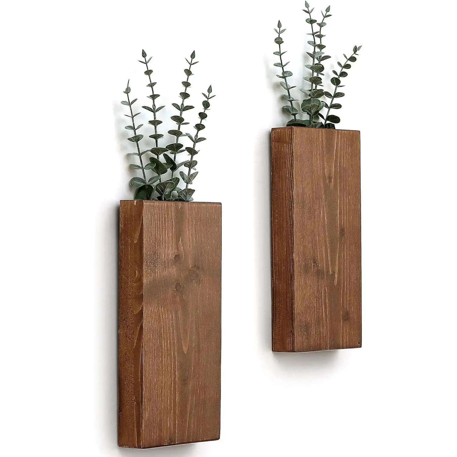 Wall Planter Set of 2, Wall Pocket for Greenery and Dried , Indoor  Hanging Vase, Modern Farmhouse Wall Decor for Living Room Bedroom Office Eucalyptus Stems Decorations (Walnut)