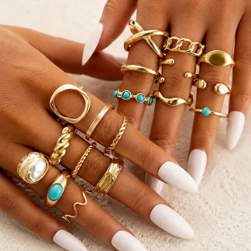 18-Piece Women's Fashion Bohemian Stackable Rings Set, Boho Style Rings Vintage Chunky Boho Turquoise Pearl Cross Wide Band Irregular Ring Set, Perfect Gift for Girlfriend Mom