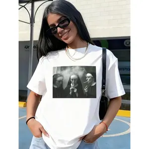 Vintage Nun Print Spring/Summer Casual Short Sleeve Round Neck Comfortable Women's T-Shirt, Casual Women's Clothing