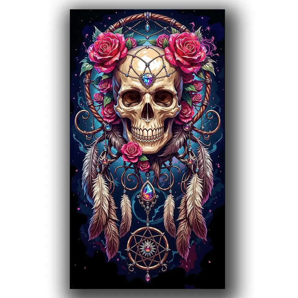 Dreamcatcher Skull Rose Diamond Painting Kit for Adults, DIY 5D Full Drill Diamond Art, Beginner Friendly, Wall Decor Craft, DIY Craft Supplies