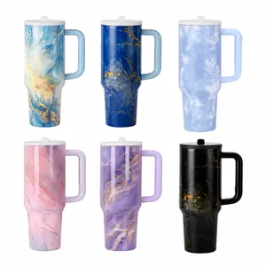 40oz Insulated Tumbler with Handle & Straw, Stainless Steel Vacuum Travel Mug, Leak-Resistant Double Wall Cup, Marble Pattern, Fits Car Cup Holder Drinkware Flasks Bottles Portable