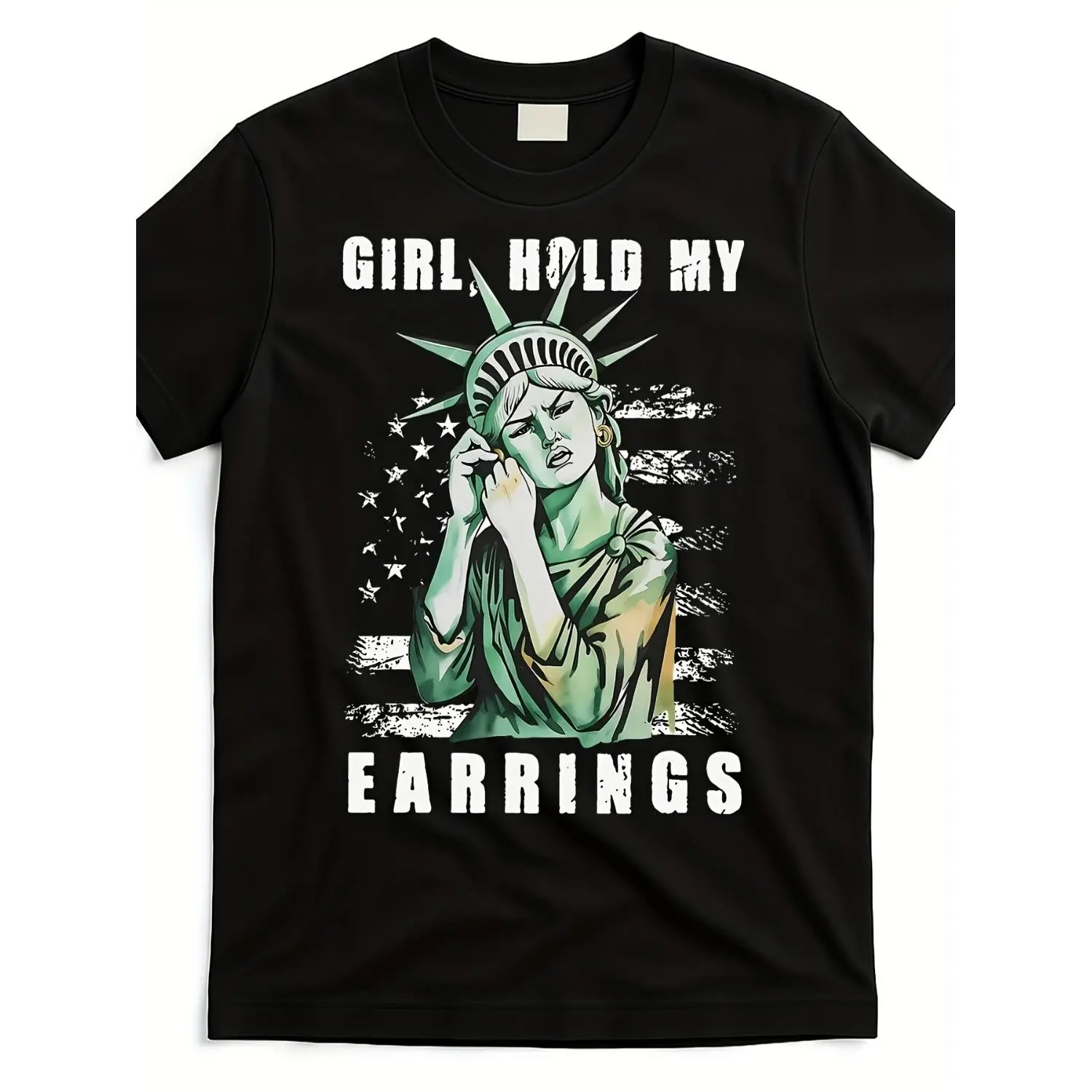 Men's & Women's Retro 3D Printed USA Flag T-Shirt - Statue of Liberty & "Hold My Earrings" Graphic, 220GSM Pure Comfortable Round Neck Short Sleeve Casual Tee for Couples Matching, Unisex All-Season Wear