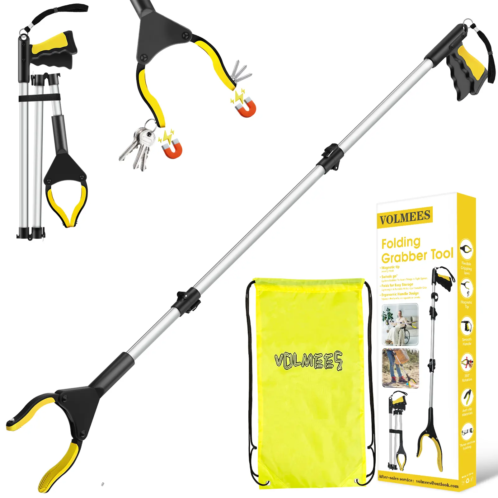 Volmees 43" Extra Long Grabber Reacher Tool, Grabbers for Seniors Grab it Reaching Tool w/Anti-Drop Cord, Lightweight Trash Grabber Pickup Tool 360°Rotating Jaw +Magnets, Heavy Duty Foldable Grabber