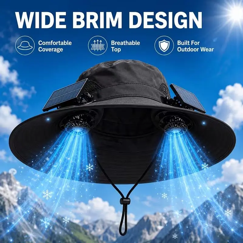 Solar Powered Fan Hat with Dual Cooling Fans, Breathable Wide Brim Sun Hat for Men & Women, Adjustable Fan Speed Outdoor Cooling Hat, Lightweight Shade Hat for Travel, Gardening, Fishing, Hiking and Summer Activities (Hat Only / Hat with Fans)