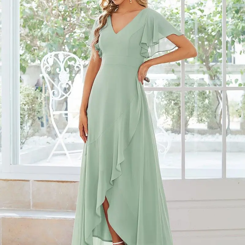 Ever-Pretty Women's Short-Sleeve Chiffon Bridesmaid Dress 01749 - Classic Modest V-Neck with Ruffles, Lotus Leaf Hemline, Fitted Flattering Fit, Zipper, Breeze-Light Fabric, Minimalist Statement Piece for Day Formal Wear