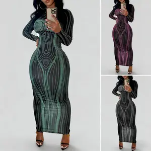 2025 Autumn New Women's Dress - Long-Sleeved Crew Neck, Printed Slim-Fit Hip-Wrapped Bottoming Style