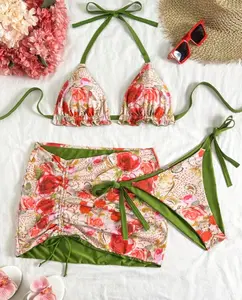 Soleia Summer Vacation Outfit Plus Size Women Floral Print Contrast Green Bikini 3 Pieces Set Sexy Beachwear Stretchy Comfortable High Waist Swimsuit