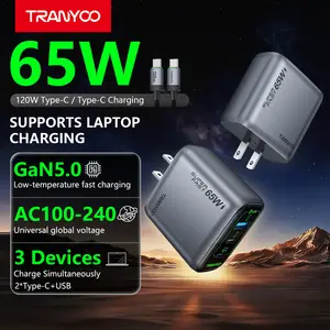 TRANYOO T-US65C 65W GaN 5.0 USB-C Fast Charger Block, 2 USB-C & USB-A Wall Charger, PD 3.1/PPS Fast Charging Station, Charge 3 Devices Simultaneously, Includes 120W USB-C Cable