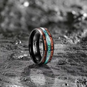 Men's Natural Wood & Green Opal Tungsten Carbide Ring 8mm Inlay - Yonifu Scratch Proof Comfort Fit Durable Wedding Band Gift for Him