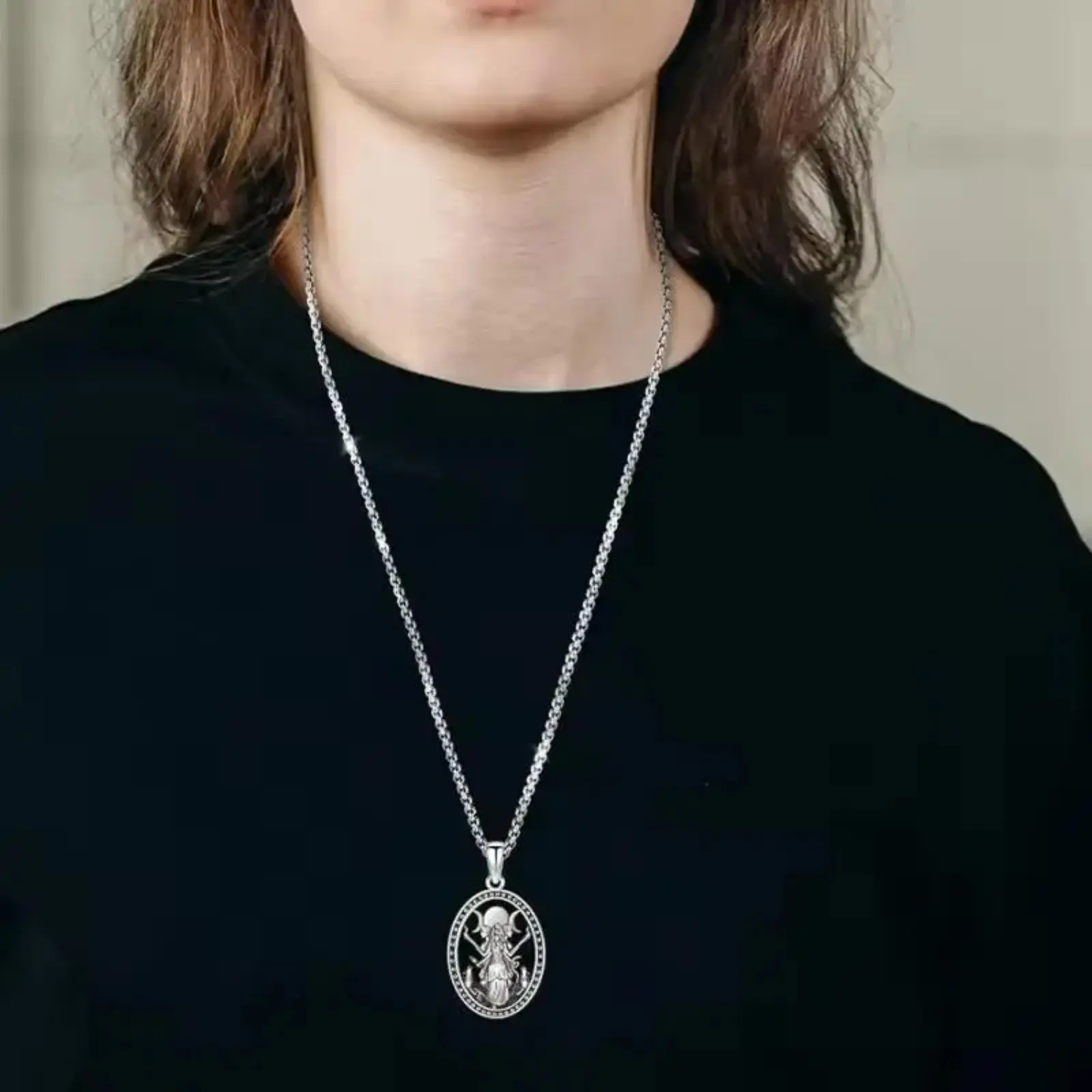 Silver Tone Bag Chain with Oval Hecate Goddess Pendant, Versatile Unisex Mystic Jewelry for Daily Spiritual Protection, Elegant Design