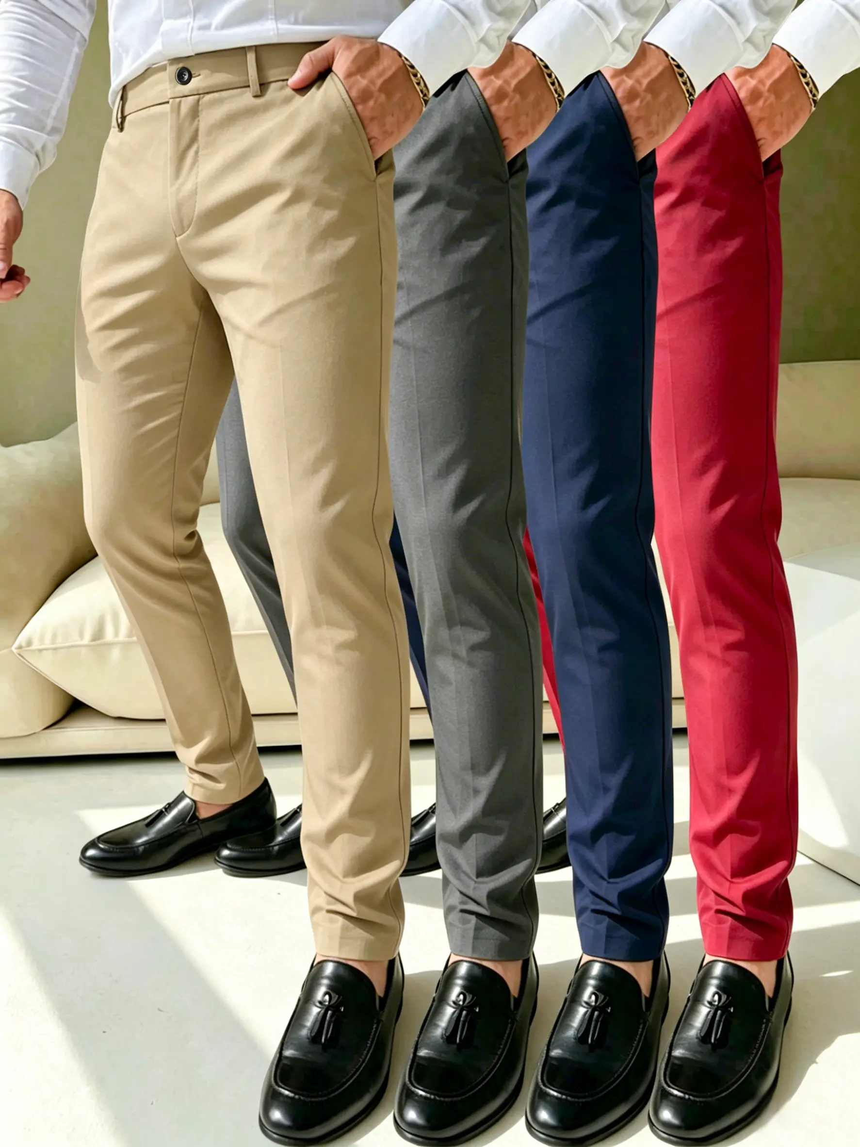 Men's business casual dress pants, slim fit, slimming effect, slightly stretchy fabric, half elastic waistband