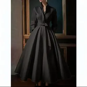 Women's Elegant Solid Color Stand Collar Button-Up Longsleeve Midi Dress - Polyester Fabric, Fitted Top, Flowy Skirt, Button Detail, Chic, Casual Wear, Perfect for Spring/Fall, Longsleeves
