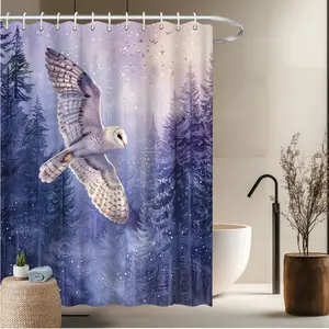 1pc Animal Theme Bath Curtain-2D Flat White Owl Flying Over Winter Forest Snow Scene Printed Shower Curtain Fun Home Window Curtains Bathroom Decoration Bathtub Decoration 70.8x70.8 inches