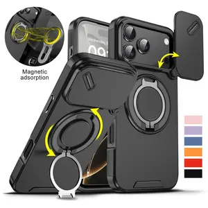 Magnetic Case Slide Camera Lens Cover For iPhone 17 16 Pro Max 15 14 13 12 360 Metal Ring Stand Bracket Holder Cover Car Mounted Military-Grade Shockproof Protective protector Casing Protection Cellphone Smartphone