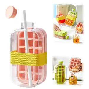 2026 Upgrade 2-in-1 Ice Cube Bottle with Straw, Built-in Ice Mold Tray Cup, Press-to-Release Touch-Free Leak-Proof Lid, Kitchenware for Outdoor & Home Use