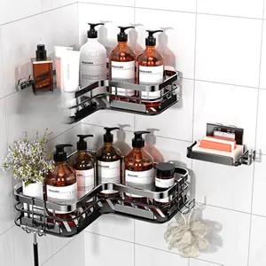 [New Deal] - Large Capacity Shower Caddy, Heavy-Duty Adhesive Shower Organizers with Custom Aesthetic Design Soap, No Drilling Corner Shower Shelves, 5 Hooks for Bathroom Accessories - 3 Pack
