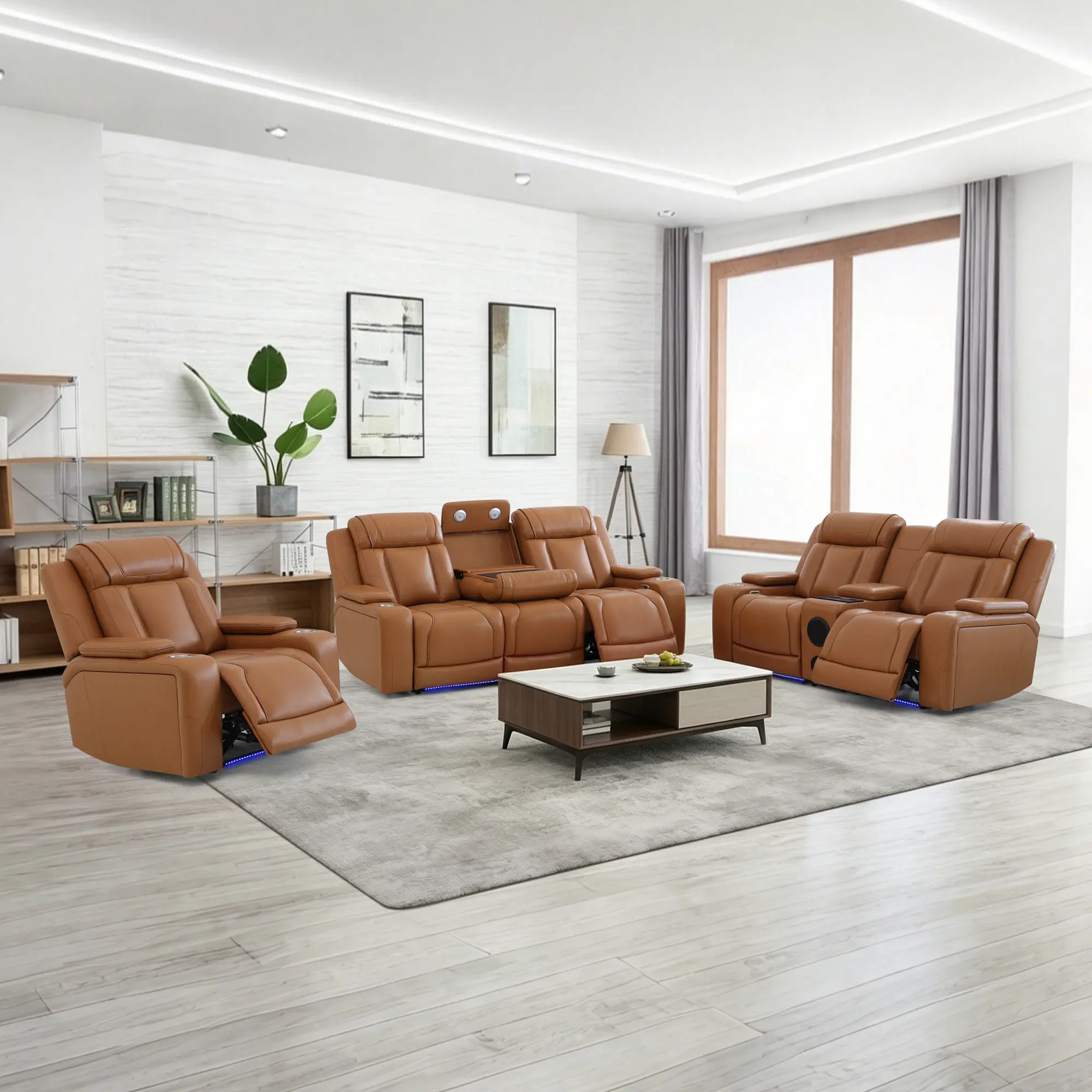 Orange Breathable Leather 3-Piece Power Reclining Sofa Set with LED Lights, USB Charging, Storage Console & Cup Holders&Speaker