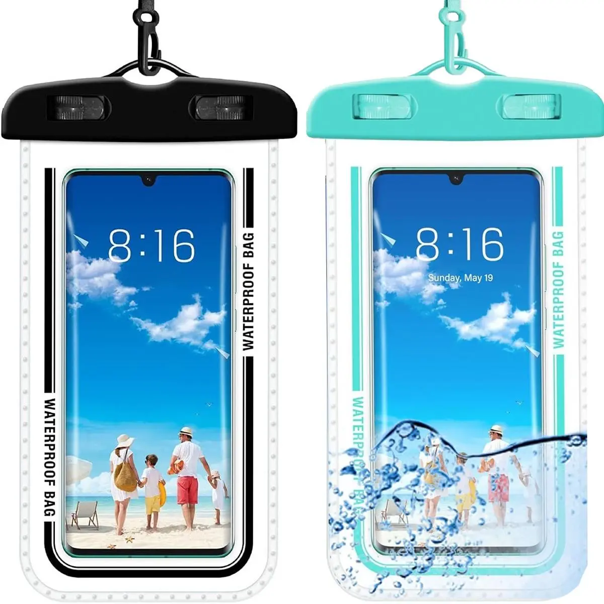 2-Pack Waterproof Underwater Phone Pouch - High-Quality Black & Cyan Dual-Color Dry Bag Case with Easy-to-Carry Lanyard Strap, Secure Seal, Touchscreen Compatibility, Fits Up to 7 in Phones for Swimming Enthusiasts
