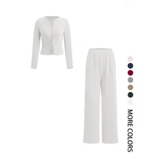 Women's 2-Piece Set Long Sleeve Round Neck Button T-Shirt and Straight Leg Casual Pants, Slim-Fitting for Spring & Fall