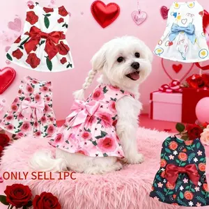 Dog Poodle Print Dress Clothing Rose Bow Dress Dog Cat Love Balloon Thin Dress Holiday Party Valentine's Day Festival Dress Up Supplies