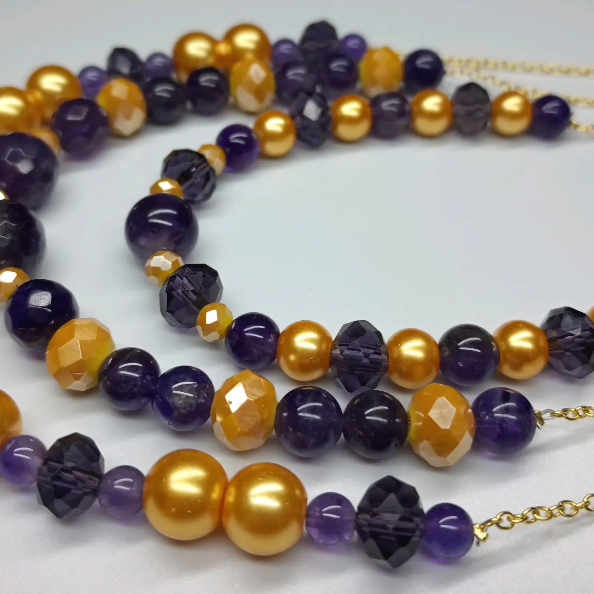 LSU 3 strand Amythst, Chinese Crystal, Czech beads.necklace 16", 18", 20". stretch bracelet,2" chandelier earrings. free shipping
