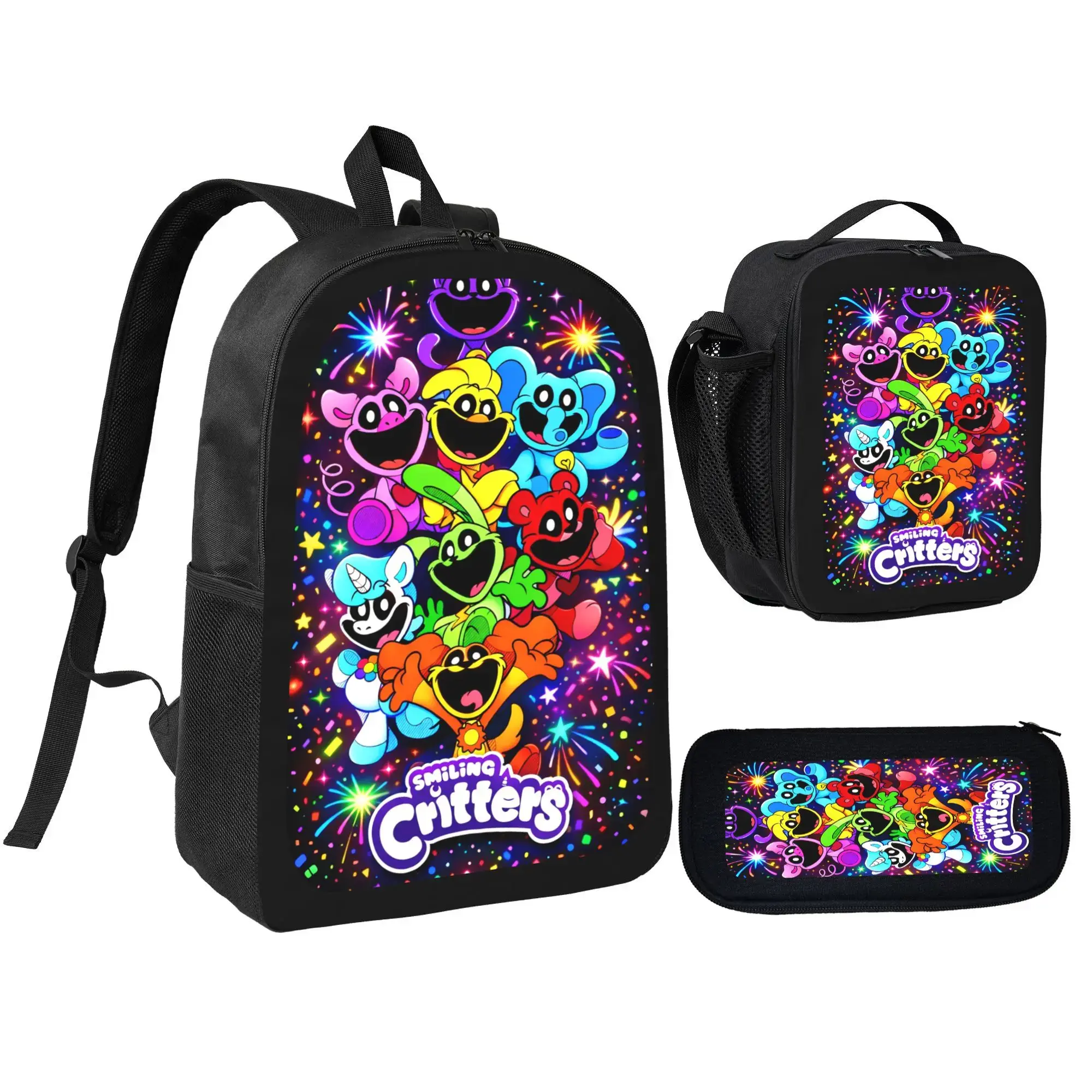 Smiling Critters Backpack 3PCS Daypack cartoon Shoulder Bag Leisure Travel Adjustable Strap Backpacks 17in