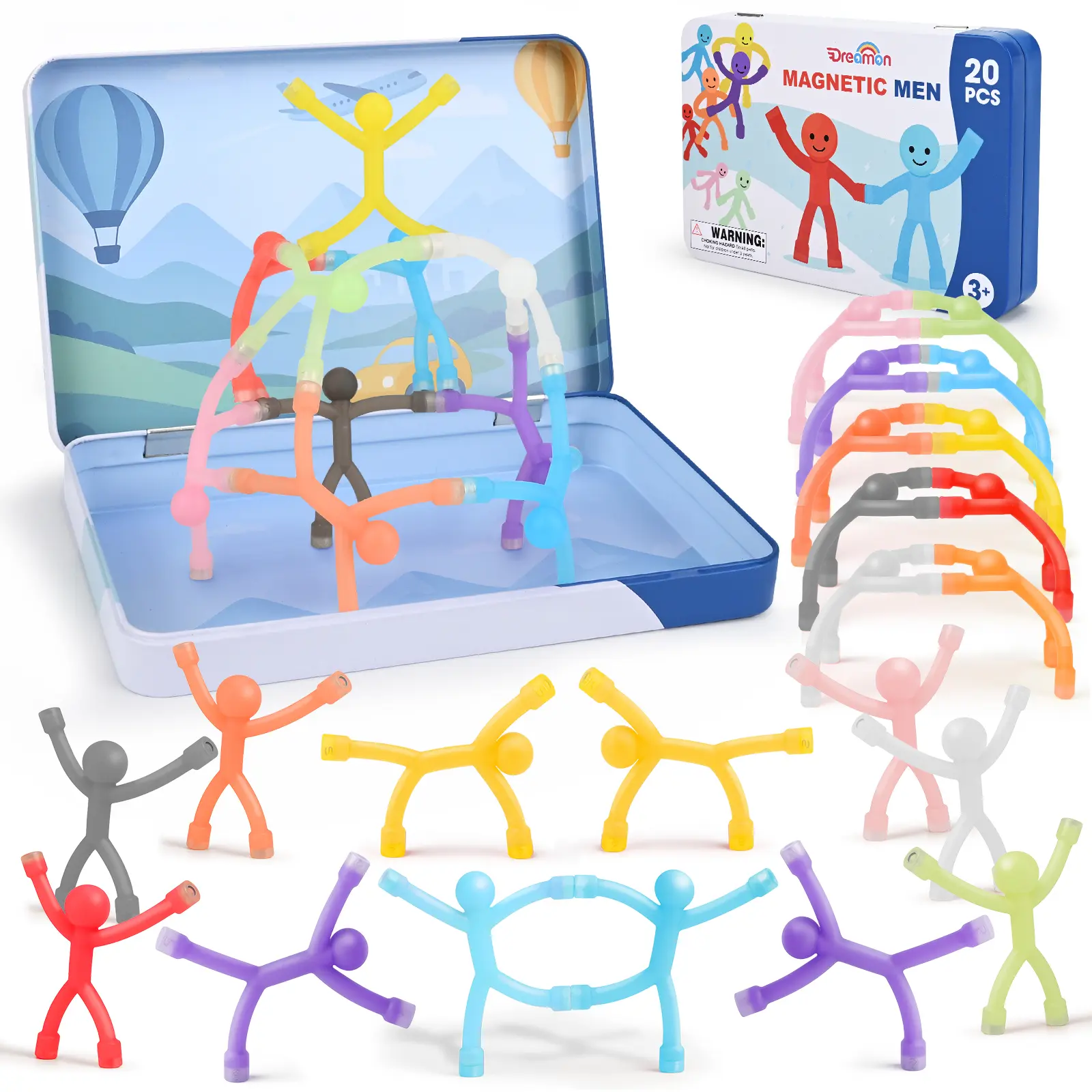 Dreamon  Magnetic Travel Toys Set, Magnetic Tiles, Magnetic Figures, Magnetic Cubes with Metal Box, Airplane Car Travel Fidget Toys Portable Road Trip Activities Essential, Classroom Toys for Kids Birthday Stocking Stuffers Gifts