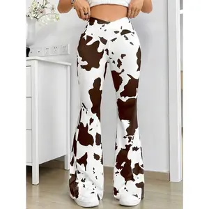 [Cow Print Flare Leg Pants] Cow Print Flare Leg Pants, Elegant High Waist Forbidden Pants For Spring & Summer, Women's Clothing Fabric Womenswear Bottom  Casual Comfort Gamis Trouser