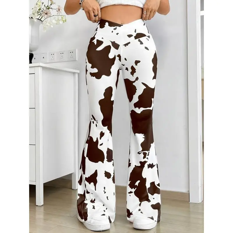 [Cow Print Flare Leg Pants] Cow Print Flare Leg Pants, Elegant High Waist Forbidden Pants For Spring & Summer, Women's Clothing Fabric Womenswear Bottom  Casual Comfort Gamis Trouser