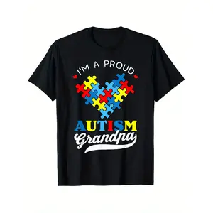 I'm A Proud Grandpa Autism Awareness Heart Autistic Grandson T-Shirt, Comfortable Outdoor, Casual Top Casual Summer WearCrew Neck Tshirt, Men's Summer Clothes, Slightly Elastic, 100_cot.