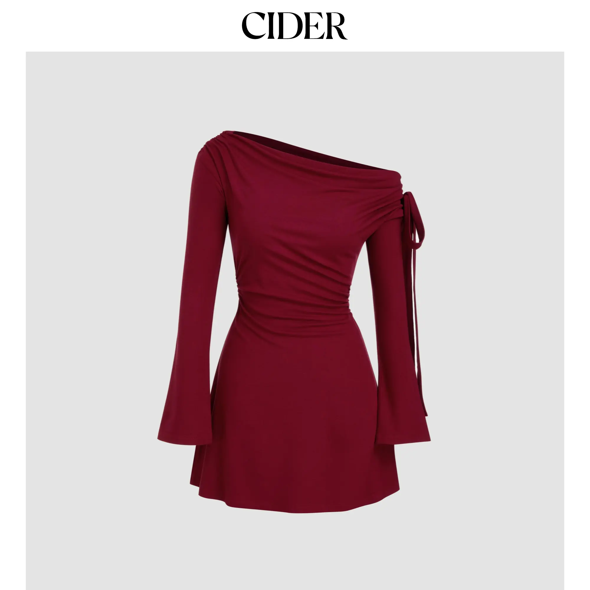 Cider [2 colors, size 0-26] Asymmetrical Neck Ruched Knotted Mini Dress