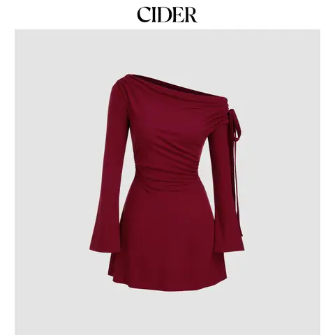 Cider Women's Sexy Asymmetric Cut Long-Sleeve Knitted Bodycon Mini Dress - Ruched, Knotted, Elastane-Rayon Blend Fabric, for Casual, Party Wear, Long Sleeves