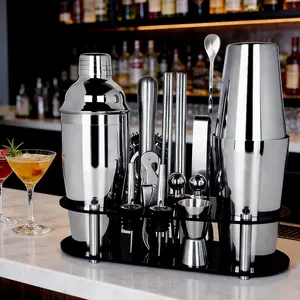 17Pcs Cocktail Shaker Set with Cocktail Recipe and Black Stand, 25oz, 25/20oz Bartending Kit, 750/600ml Bar Shakers Tools Bartender Kit