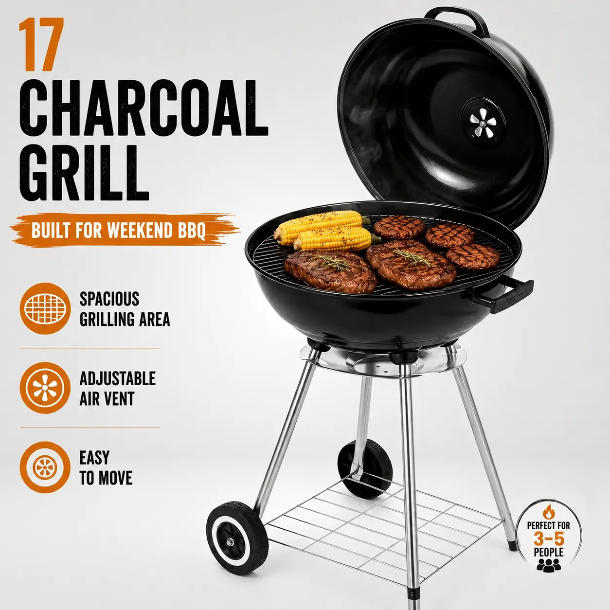 17" Sturdy Classic Iron Steel Premium Kettle Barbecue Grill - Portable Wheeled BBQ for Family, Outdoor Cooking, Smoking Meats