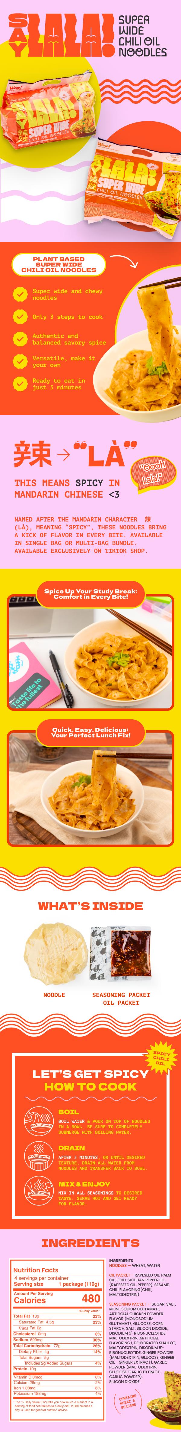 SAYLALA by Weee! Super Wide Chili Oil Noodles | Spicy Ramen Noodles | Instant Ramen - 440g (110g x 4, 4 servings)