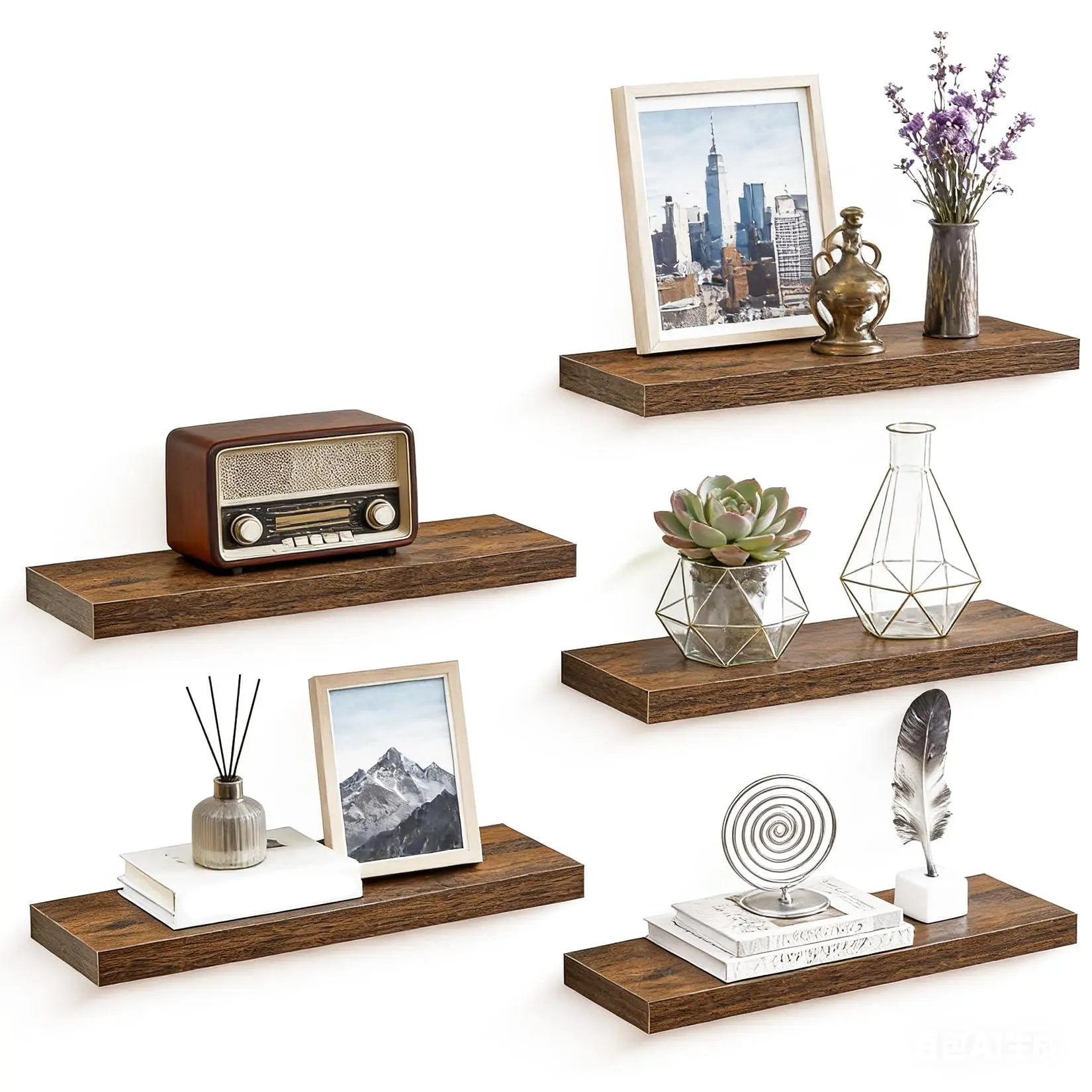 Rustic Brown Floating Wall Shelves Set, Wood Wall Mounted Display Shelf with Metal Brackets for Bedroom, Living Room, Kitchen, Bathroom, Holds Picture Frames & Plants, 60x20x3cm, 5PCS