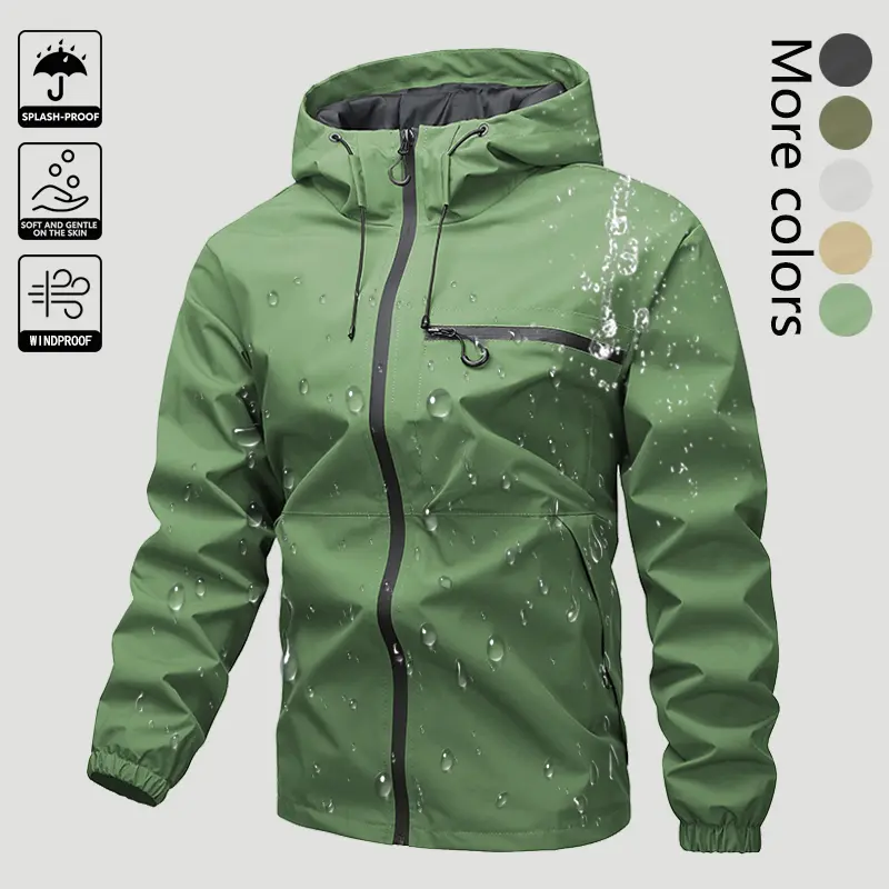 Men’s lightweight windproof softshell hooded jacket featuring a drawstring design, sporty casual style, front pocket and side zipper, suitable for spring and autumn and back-to-school season wear; long-sleeve style is ideal for outdoor activities in sprin