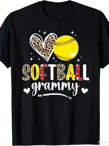 Women'S & Men'S Softball Grandma Graphic T-Shirt - Black with Yellow & Red Softball Design, 220gsm Heavyweight Pure Retro Casual Tee, Unisex All-Season Fit for Softball Games, Coaching, Casual Attire - Softball-Themed Gift for Fans