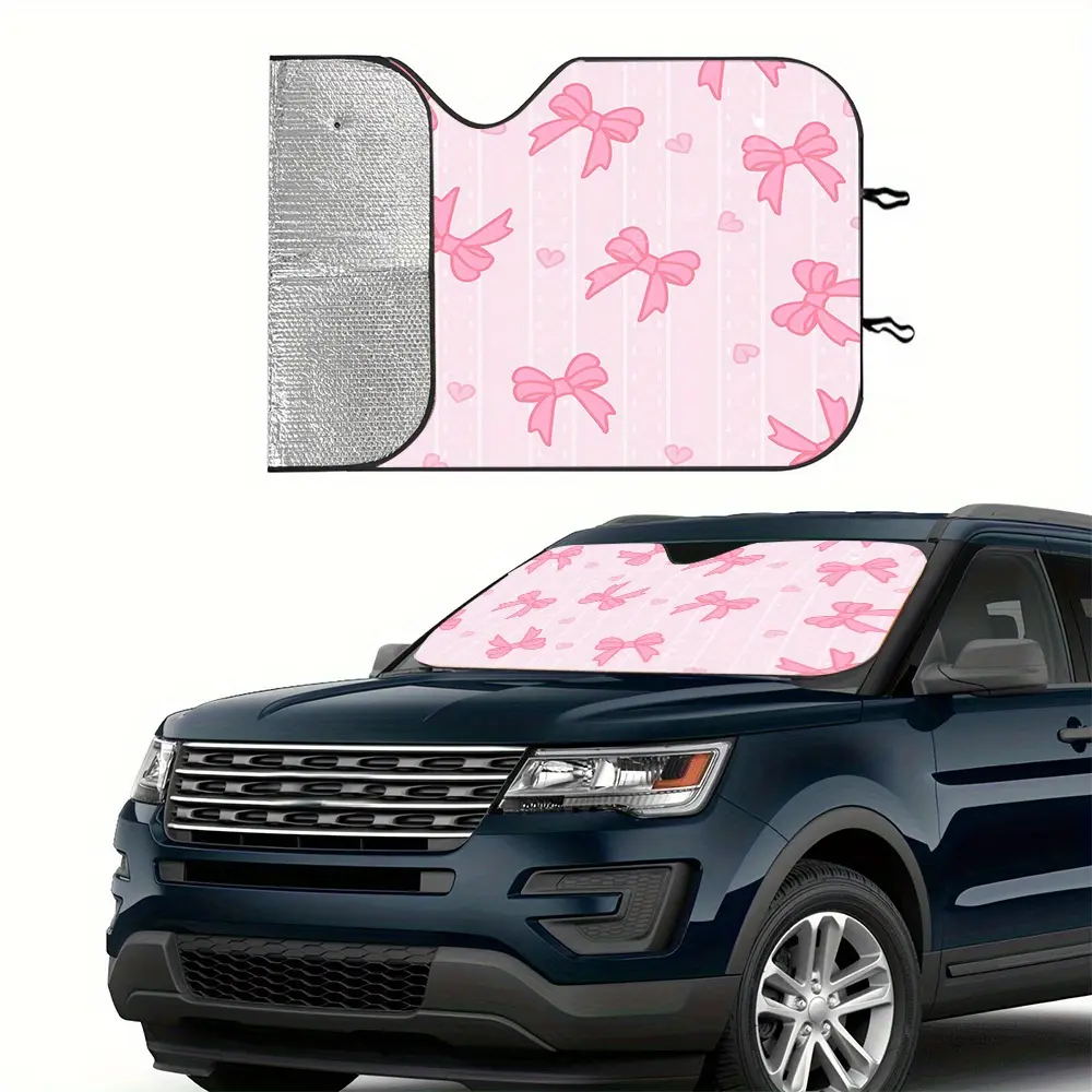 1pc Foldable Car Windshield Sun Shade with 2 Free Suction Cups - UV Protection, Pink Bowknot Design, Durable Polyester for RV, SUV, Van & Car Interior, Automotive Glass Sunshade, Car Sunshades for Windshield