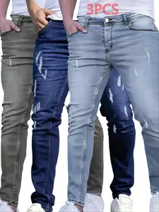 Men's 3-Pack Flex Stretch Slim Straight Jeans with 5 Pockets Denim Fabric Menswear