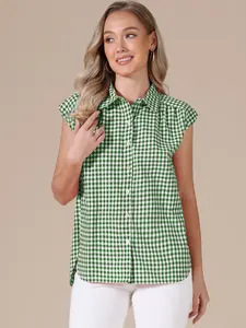 INSPIRE CHIC Gingham Shirt Women's Work Cap Sleeve Vintage Plaid Button Down Blouse