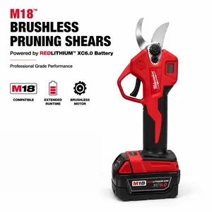 Milwaukee M18 Brushless Cordless Pruning Shears Kit features 1-1/4" Cut Capacity with M18 REDLITHIUM XC6.0 Battery and Multi-Voltage Charger Professional Grade High Torque Orchard Maintenance and Landscaping Tool
