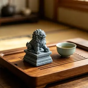 Collectible Figurines 2Pcs Chinese Stone Lion Sculpture, Retro Traditional Auspicious Beast Statue. Elegant decor for desk, bookshelf, fish tank and garden. Lucky feng shui ornament, great housewarming & holiday gift for indoor outdoor use.