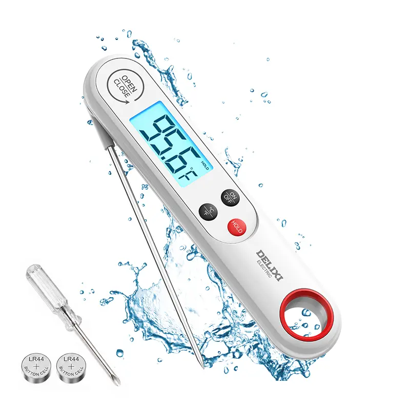 DELIXI Digital Meat Thermometer with Magnetic Back, Waterproof, Backlit Display & Data Hold, Foldable Food Thermometer, Perfect for Grilling, BBQ, Baking, Air Fryer, Cooking Oil, Baby Bath & Water Temperature