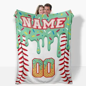 Custom Ice Cream Baseball Blanket for Boys Girls – Personalized Kid's Name Gifts for Baseball Lovers Player – Cozy Flannel Throw for Living Room,and Sports Fans,Birthday Gifts,Christmas Stocking Stuff