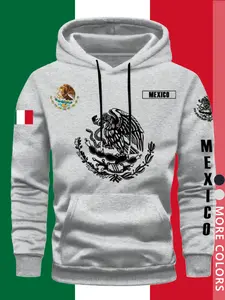 Unisex Mexican Coat of Arms Print Hoodie, Street Style Casual Long Sleeve Fitted Sweatshirt, Comfortable Fabric, Cultural Inspired Design，Trendy national elements