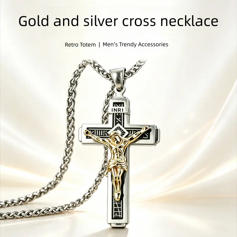 Men's Minimalist Stainless Steel Double-Layer Cross Pendant Necklace, Alloy-Plated Ins Style Male Wear Fashion Jewelry Accessory