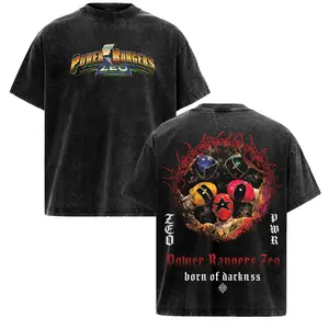 Men's Grunge Gothic Vintage Washed Black Short-Sleeve Streetwear Top, Oversized Tshirt with Tiny Classic Zeo Title Chest Print, Red Thorn Circle Ranger Helmets Dark Alt Sentai Graphic